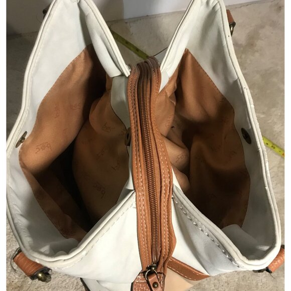 B.Ø.C Double Handle White & Brown Faux Leather Purse With Front Turn-Lock & Zipp - Picture 10 of 16